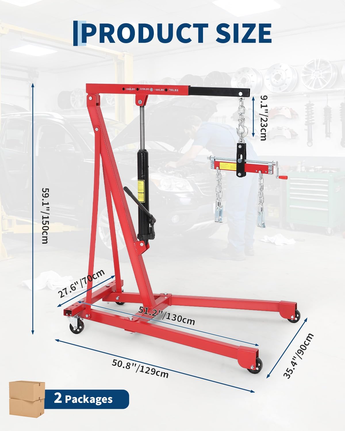 EliteEdge 1.5 Ton Hydraulic Engine Hoist, 3000 LBS Portable Shop Crane with Adjustable Telescopic Boom & 4 Casters, Heavy-Duty Cherry Picker for Garage, Warehouse, and Workshop Lifting, Red