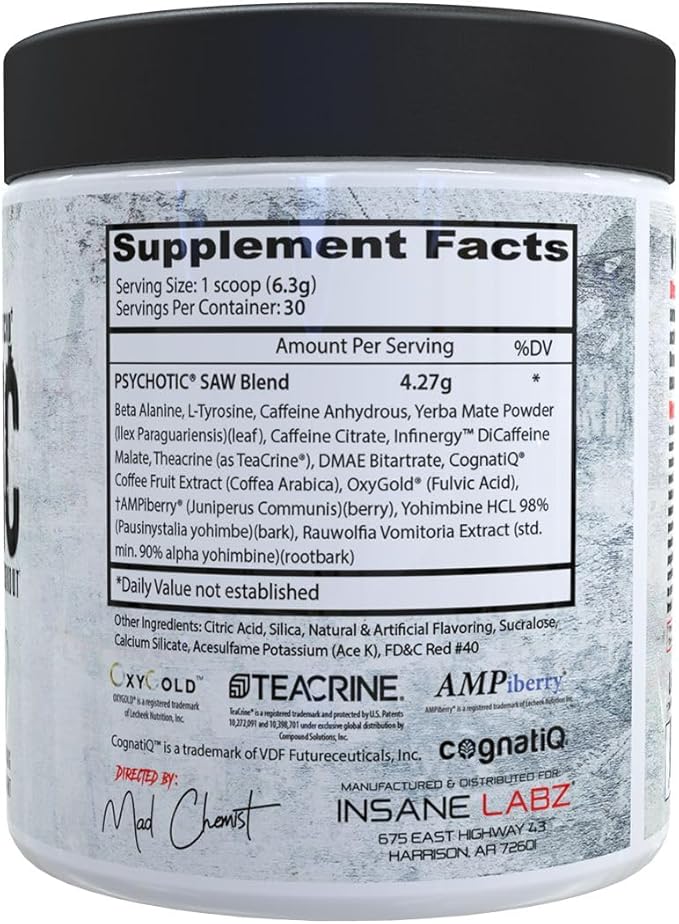Insane Labz Psychotic SAW®, High Stim Pre Workout Powder with OxyGold­??and AMPiberry®, Extreme Lasting Energy with Teacrine®, Focus with CognitIQ® and Endurance with Beta Alanine,30 Srvgs,Fruit Punch