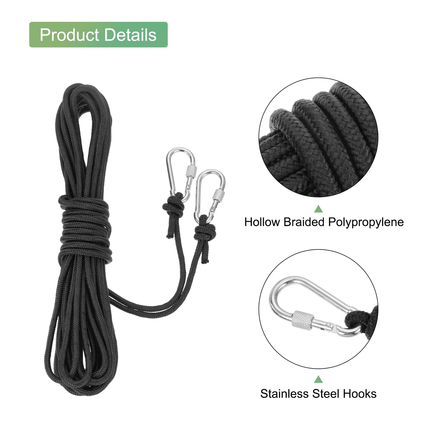 MECCANIXITY Hollow Braided Polypropylene Anchor Rope with Hook, 1/4 Inch 33ft Nylon Floating Line for Marine Pool Life Boat Anchor Rope, Black