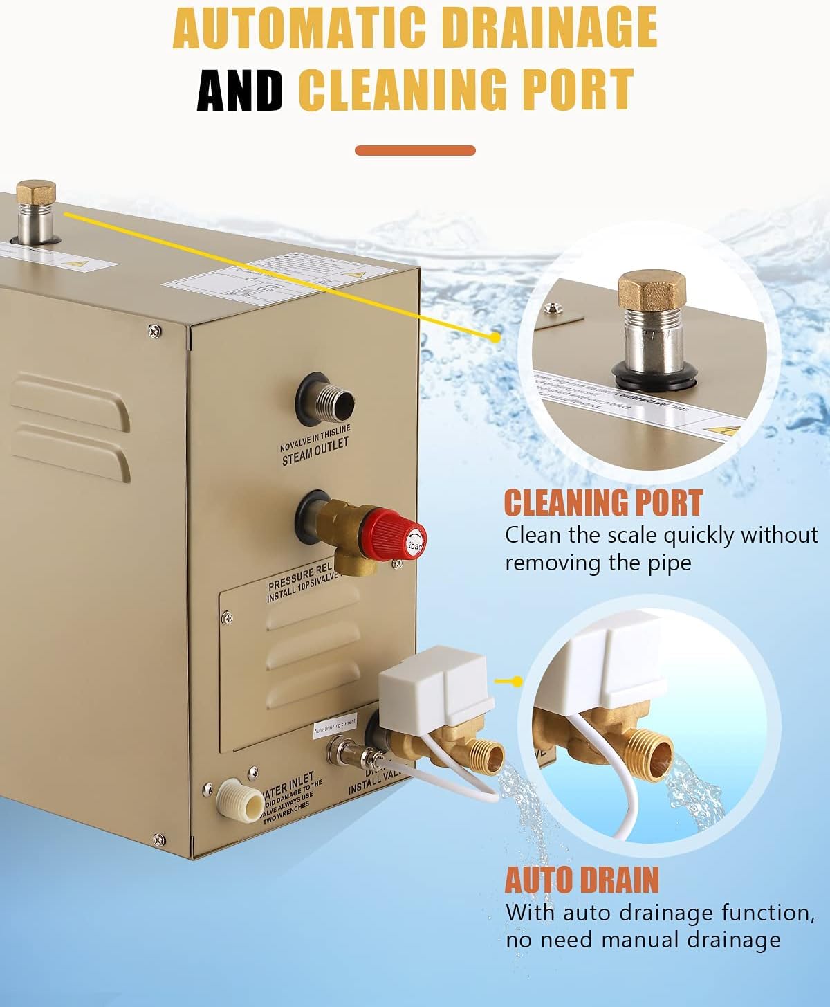 CGOLDENWALL 5KW Commercial Self-Draining Steam Generator Shower System Home Steam Bath Spa Generator 30 min to 12 Hours with Auto Drain 95-131℉ for Suitable Space Heating 5 m³/176 Cubic feet (5KW)