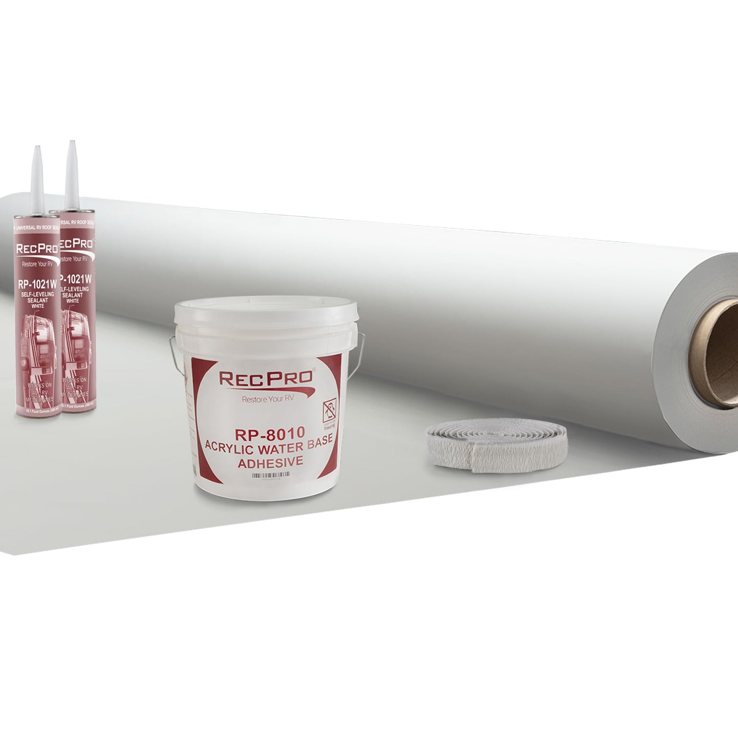 RecPro Extreme Duty RV Camper Rubber Roof Kit 9.5' Wide x 5 ft - 40 ft | 1 Gallon 8010 | 2 Tubes 1021 | 1 Roll of Butyl 30' | PVC Rubber Roof (5 ft) | Made in USA