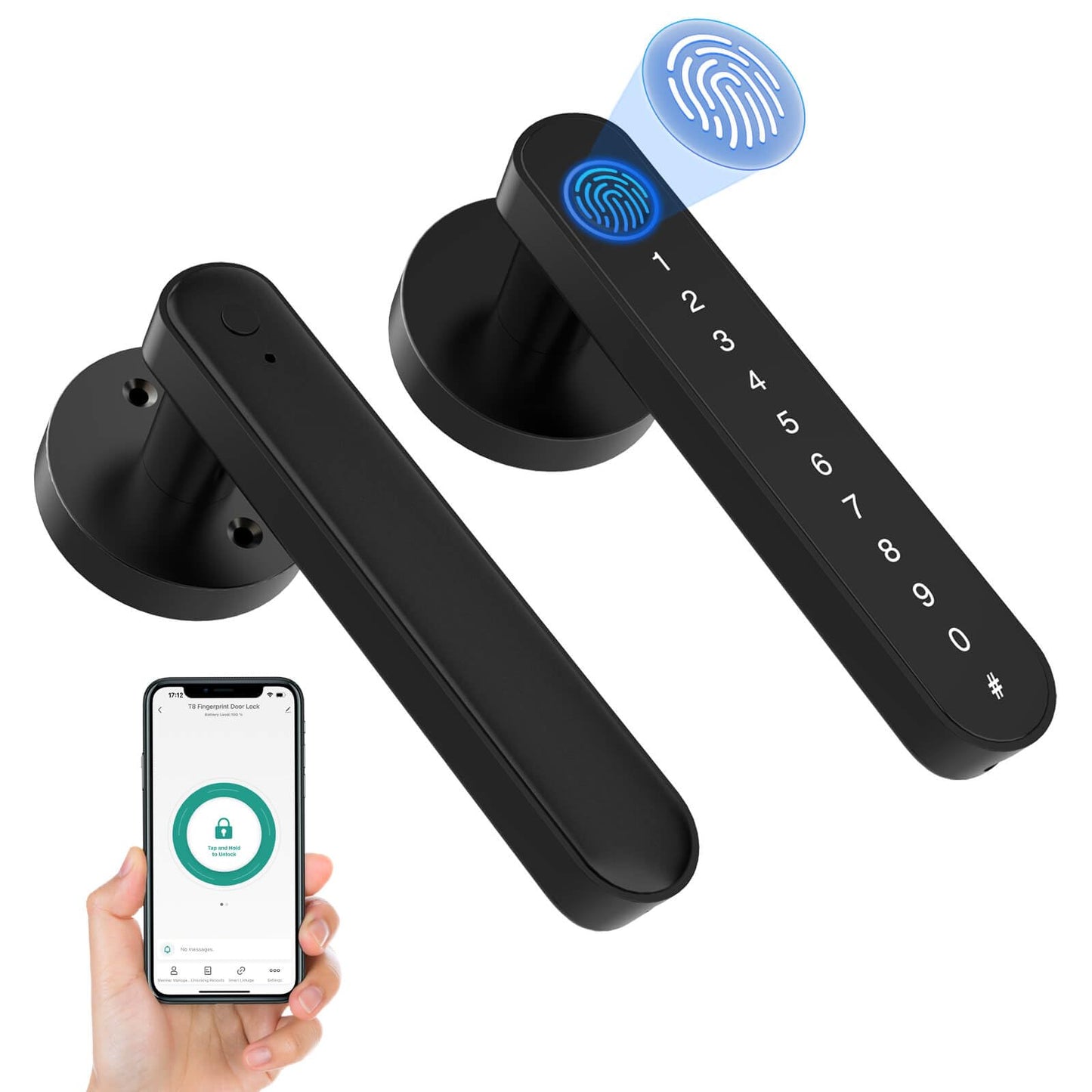 eLinkSmart Fingerprint Door Knob Lock, Smart Keyless Entry Door Lock with Code Keypad Handle, Biometric Electronic Security Locking Door Lever Locks for Bedroom Interior Indoor Room - Black