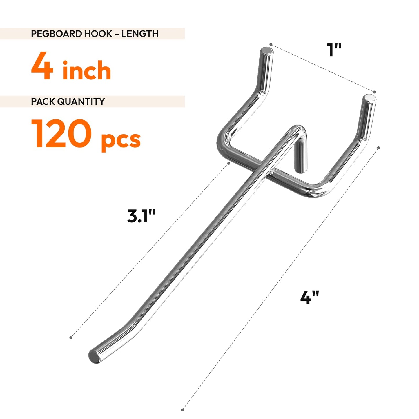 JEAWIWI 120 Pack 4 Inch Metal Pegboard Hooks, Fit 1/4 in and 1/8 in Peg Board Organizer Accessories, for Hanging Storage, Garages, Tool Sheds, Basements