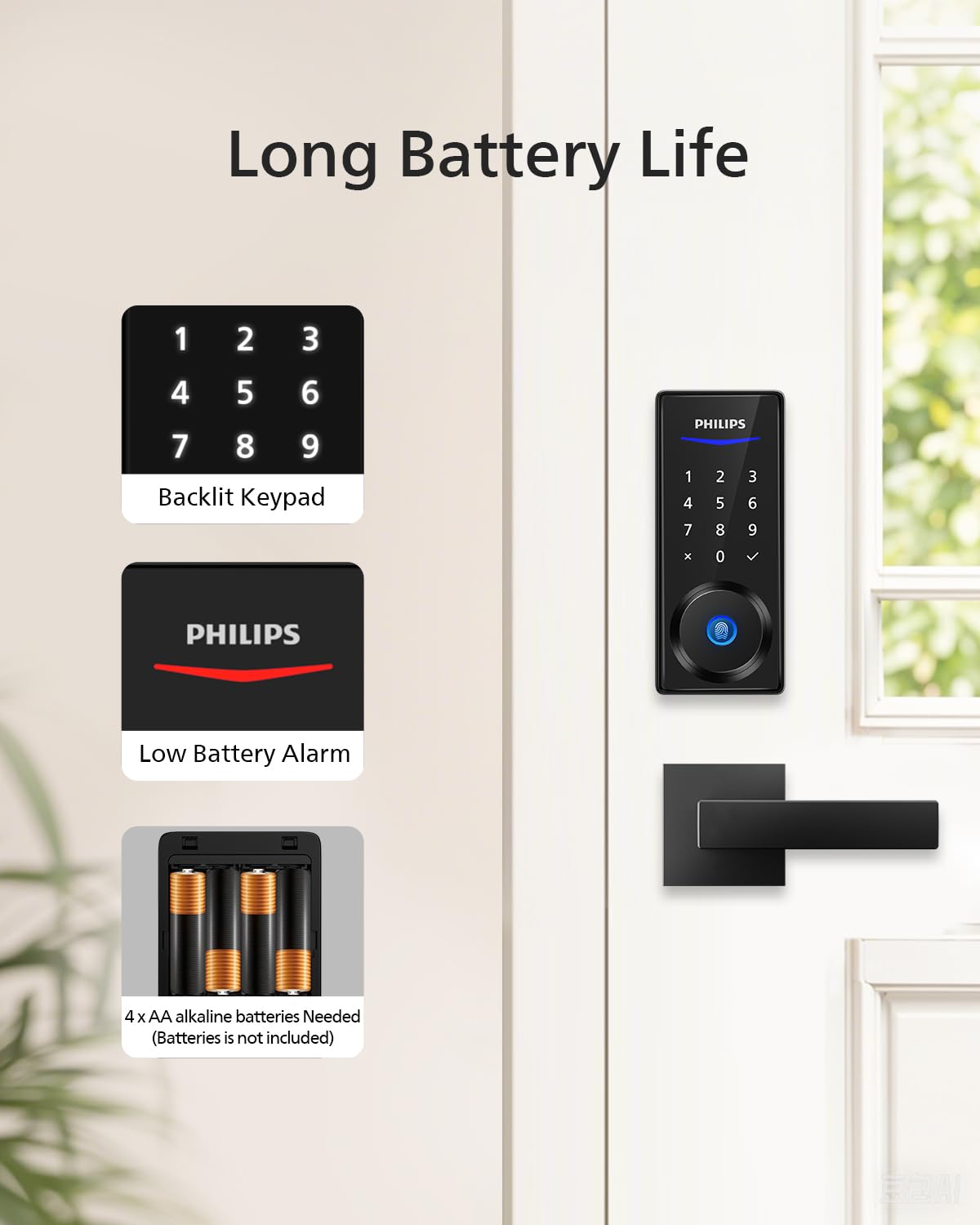 Philips Smart Lock with Handles, Keyless Entry Door Lock Set, Keypad Door Lock with 2 Level Handles, Digital Keypad Deadbolt for Front Door, App Fingerprint PIN Code Unlocking, Auto Locking