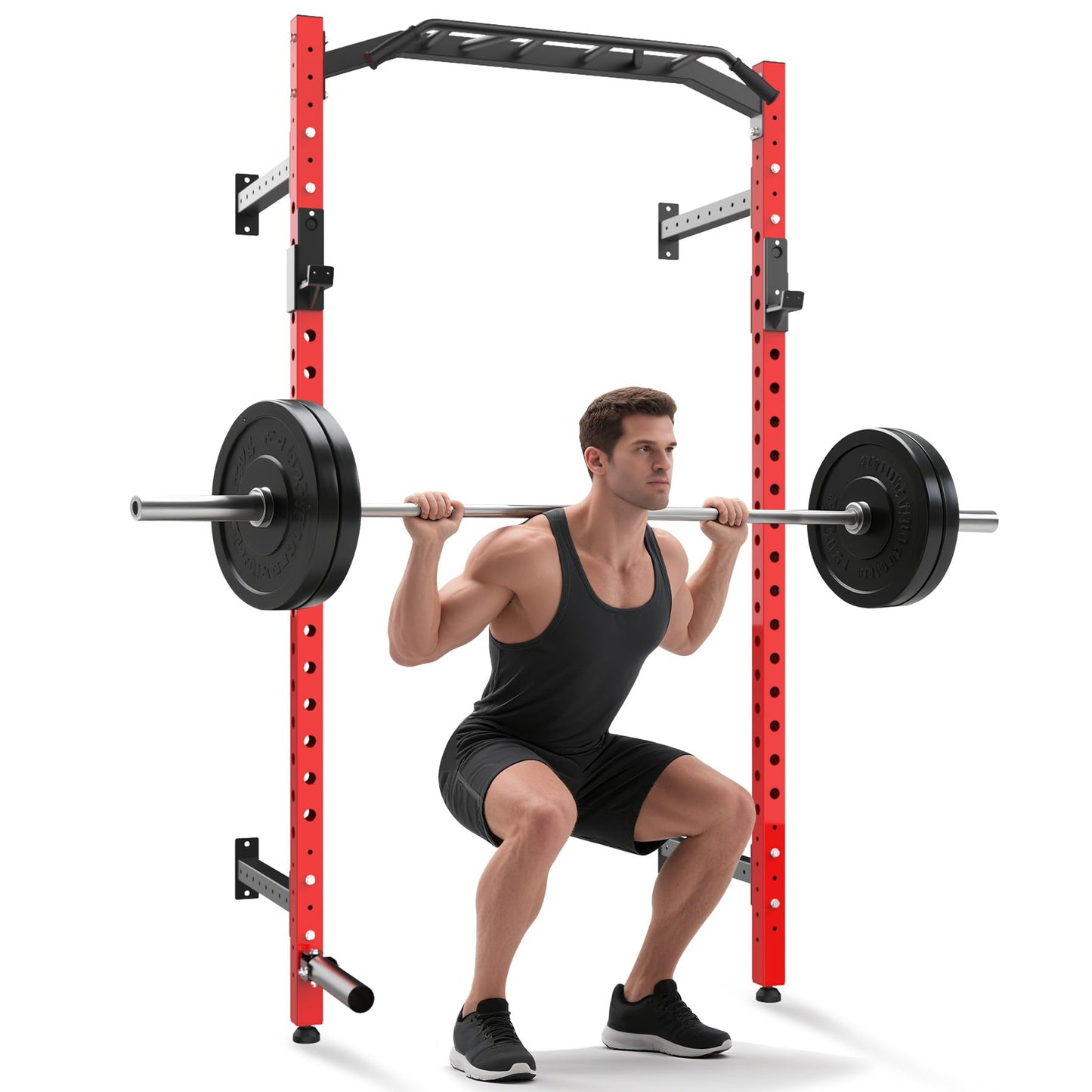 Garvee Wall Mounted Power Rack, 1600LB Commercial Squat Rack for Home Gym with Multi-Grip Pull Up Bar, j-Cups & Landmine Attachment for Home and Garage Gym