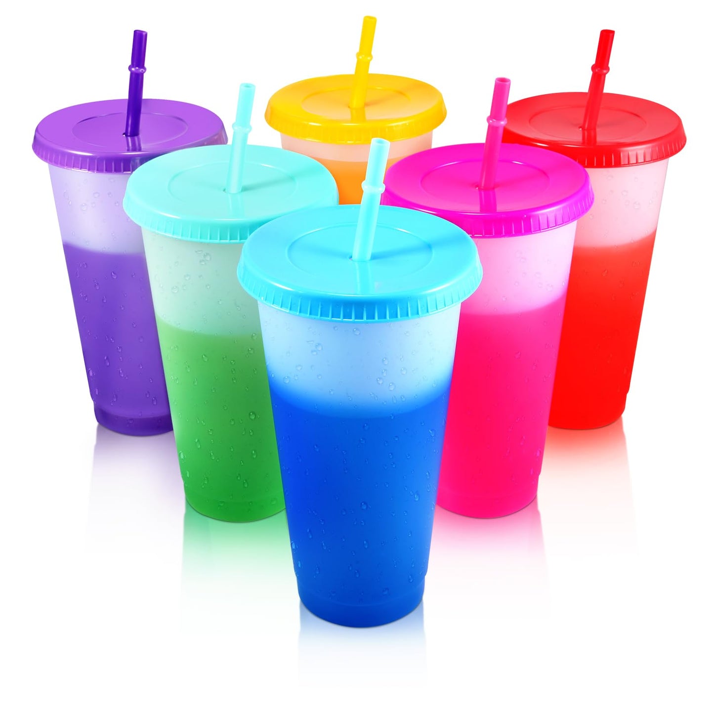 EASEVE Color Changing Cups with Lids and Straws - 6 Pack 24 oz Reusable Plastic Tumblers with Lids and Straws for Adults Party, Bulk Tumblers for Iced Coffee Tea and Smoothie