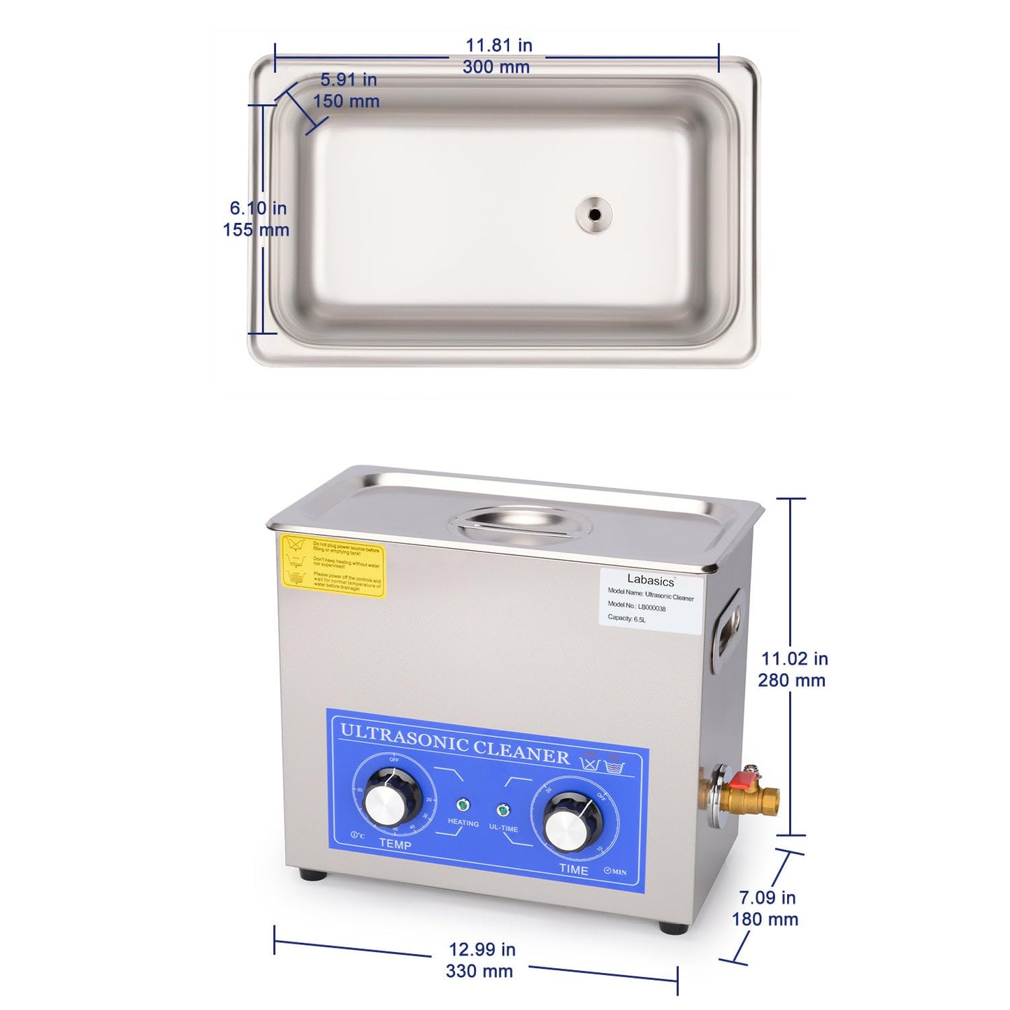 Labasics Ultrasonic Cleaner, 304 Stainless Steel All-purpose Ultrasonic Washing Device with Mechanic Control Panel of Heating and Timer for Laboratory 40kHz 110V, 6.5L