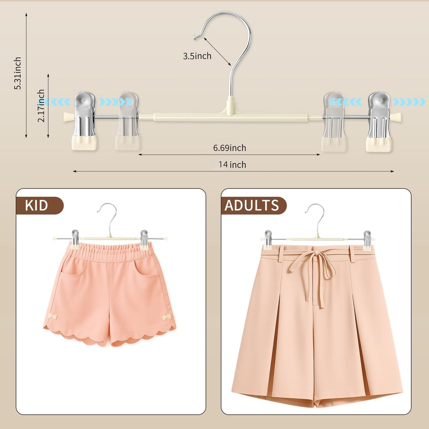 Skiennix 14-Inch Pants Hangers - Adjustable Metal Clips for Non-Slip Skirts & Trousers | 20-Pack