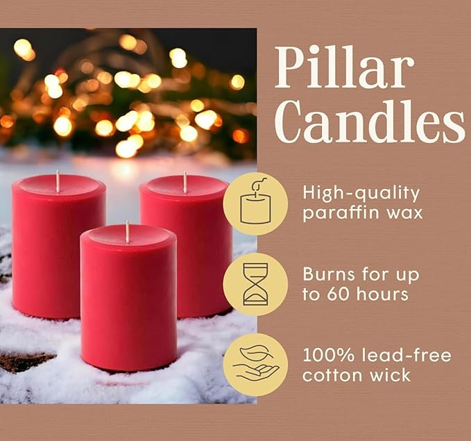 Mister Candle Dripless Unscented Rustic Red Pillar Candles, Set of 3 Hand Poured Solid Color Candles for Holidays, Home Decor, Premium Wax, 60 Hr Burn Time, 3x4 Inch (Rustic Red)
