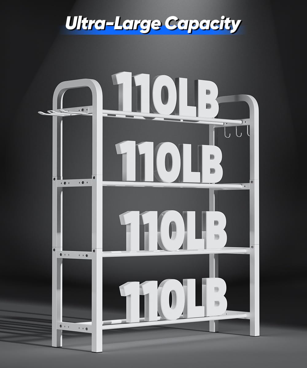 Ansionsol 4-Tier Adjustable Dumbbell Rack, Weight Storage Stand Holder for Dumbbells & Kettlebells, Heavy-Duty Home Gym Organizer with 6 Hook for Home Gym Equipment Accessories, White(Rack Only)