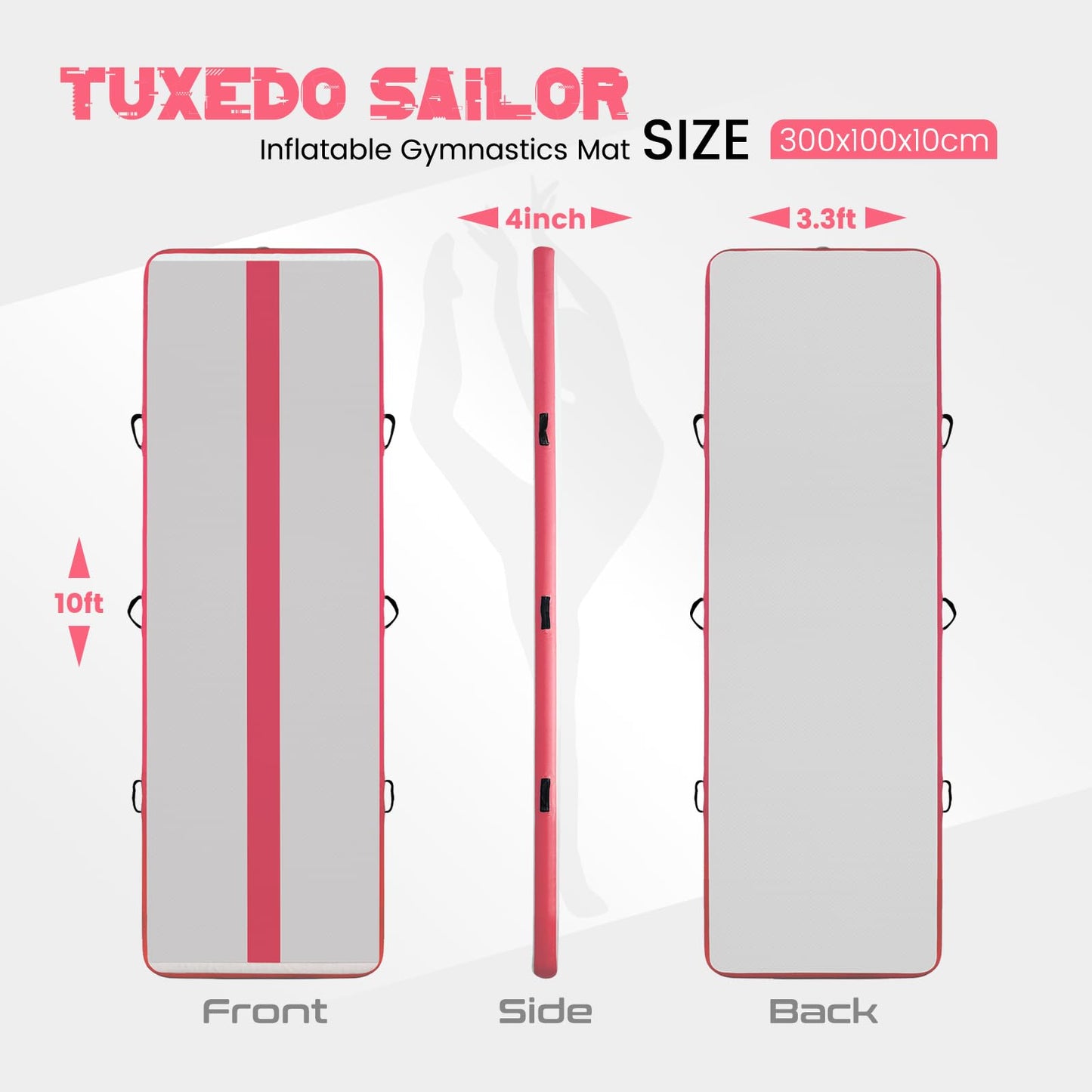 Tuxedo Sailor 10ft/13ft Inflatable Gymnastics Mat, 4-Inch Thick Air Tumbling Track with High-Speed Electric Pump, Storage Bag & Repair Kit for Home Gym, Cheerleading, Yoga, Kids Training (Blue & Pink)