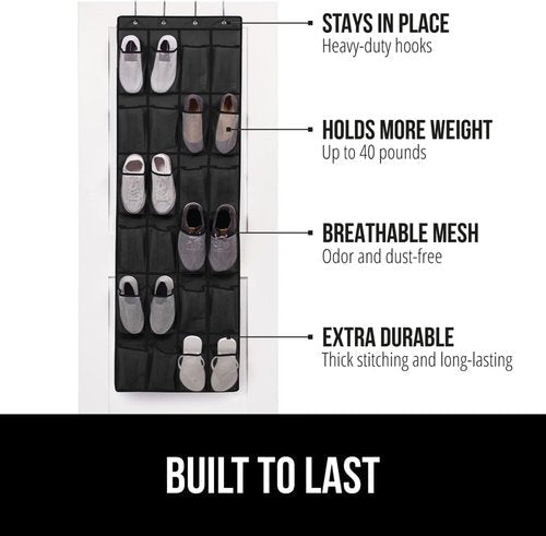 Gorilla Grip Shoe Organizer - Over The Door Storage Solution | Holds Up To 40lbs, 2-Pack with LED Tactical Flashlight, Black