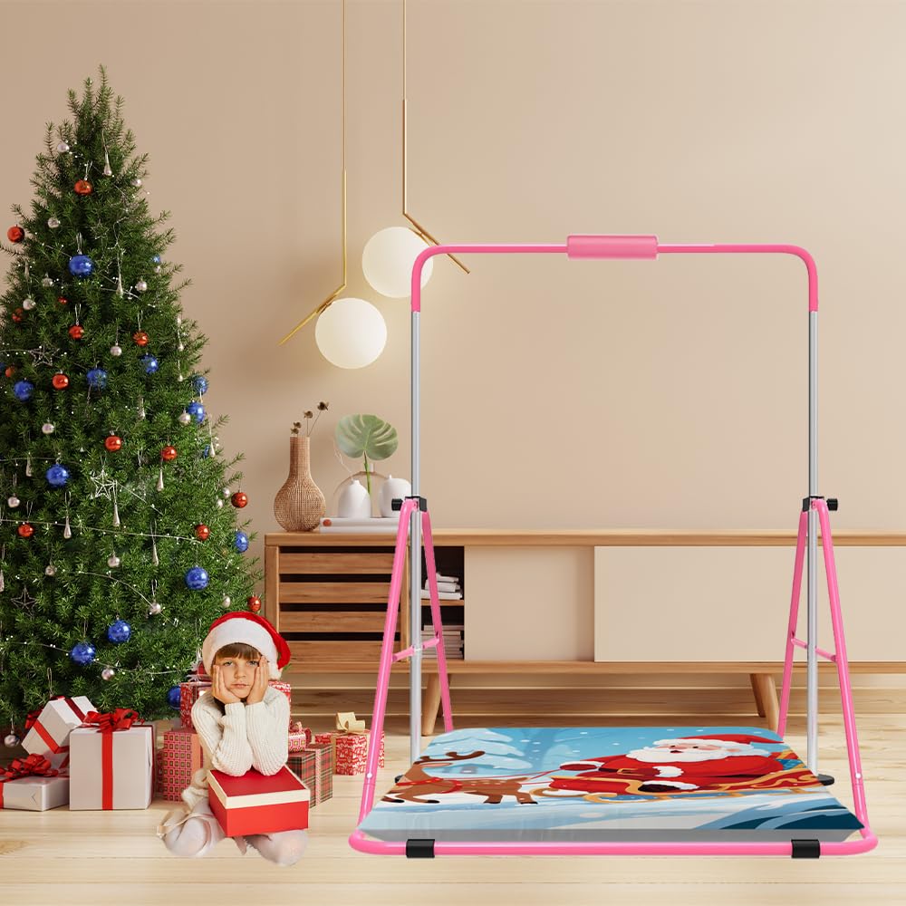 Jivifao Gymnastics Bar with Self-Inflating Mat for Kids, Adjustable Height Gymnastic Horizontal Bars with Mat, Folding Gymnastic Training Monkey Bars, Junior Expandable Training Kip Bar for Home