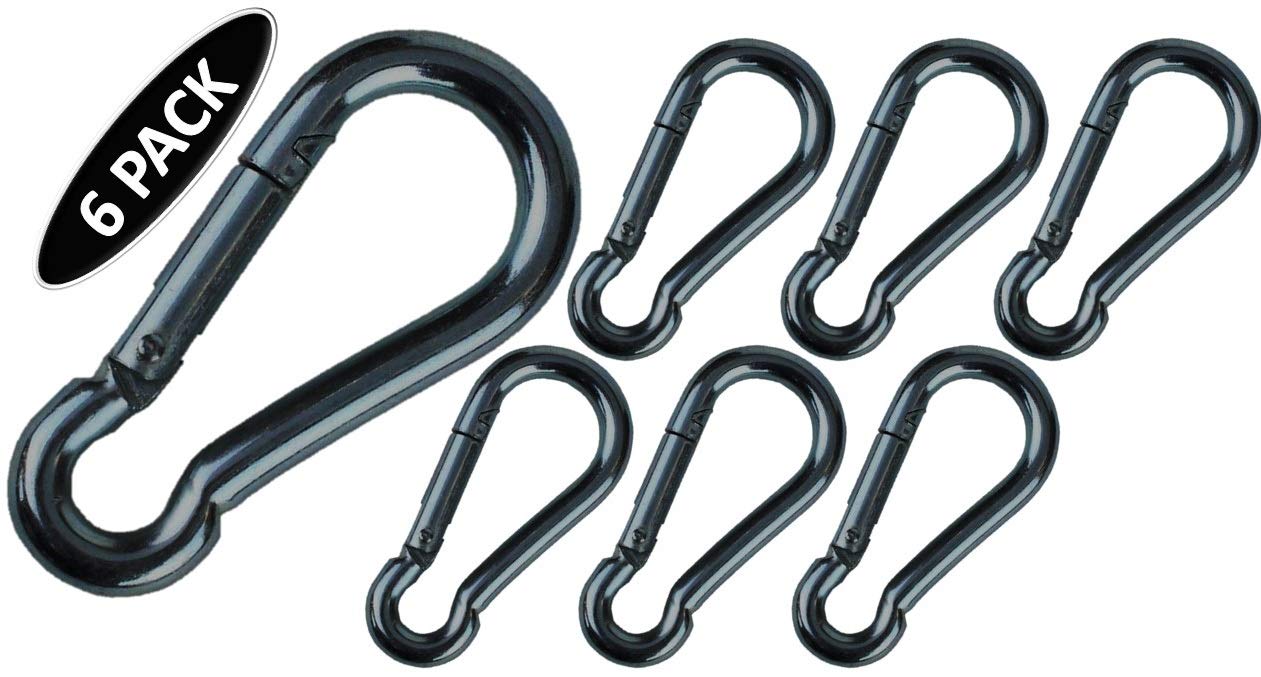 Branded Boards Black & Silver Zinc-Galvanized Heavy Duty Bushcraft Carabiner Spring Snap Clip Link Hooks 200-500lb Load 2, 6 & 12 Packs (Black-5cm-6 Pack)