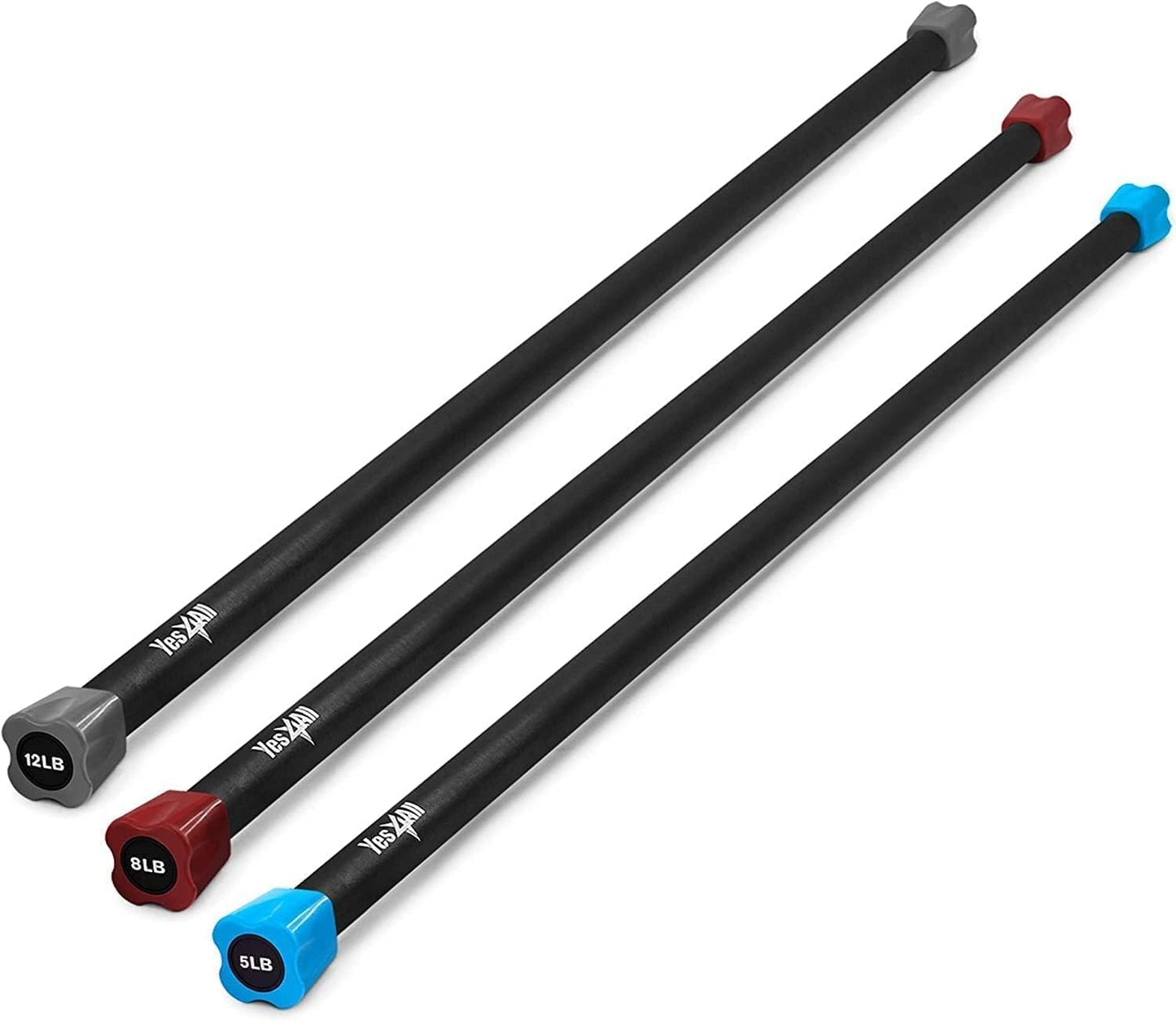 Yes4All Total Body Workout Weighted Pilates Bar, Body Bar For Exercise, Therapy, Aerobics, and Yoga, Strength Training, Set of 5 + 8 +12lbs