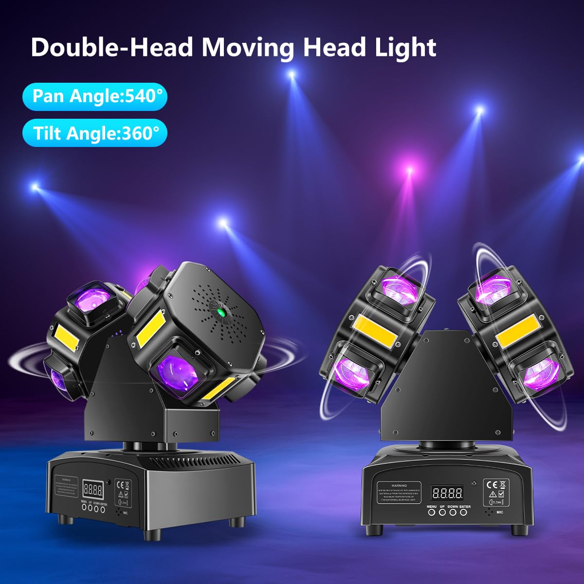 Double Head 4-in-1 RGB Moving Head DJ Light Dual Channel Independent Control RGB Beam Golden Strobe Effects Sound Activated DMX512 Stage Lights for DJ Bar Party Wedding Birthday Celebration