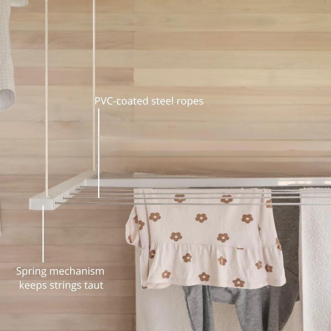 Höllsen Ceiling Mounted Pulley Drying Rack – Medium Aluminum Clothesline for Everyday Laundry – Compact, Space-Saving Design (55.12" x 23.6")