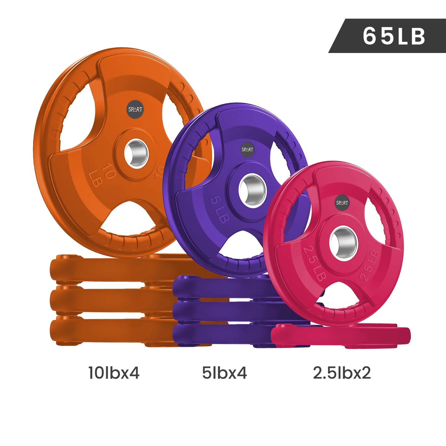SPART Color Weight Plate 2-Inch Rubber Coated Olympic Grip Plate for Barbell,Solid Cast Iron Weight Plates in Pairs or Single for Strength Training,Weightlifting,Crossfit,Home Gym, 65LB Combo