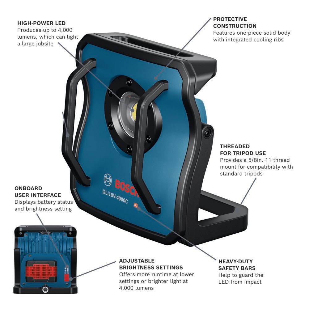 BOSCH GLI18V-4000CN 18V Bluetooth LED Floodlight - 4,000 Lumens, Remote Control, Durable Metal Body, Adjustable Brightness & Long Runtime - Perfect for Job Sites & Outdoors (Bare Tool)