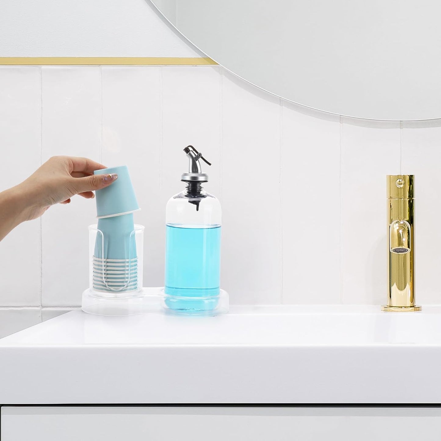 Tbestmax Mouthwash Dispenser - Clear Refillable Pump Bottle with Cup Holder & Tray | 16oz Bathroom Organizer