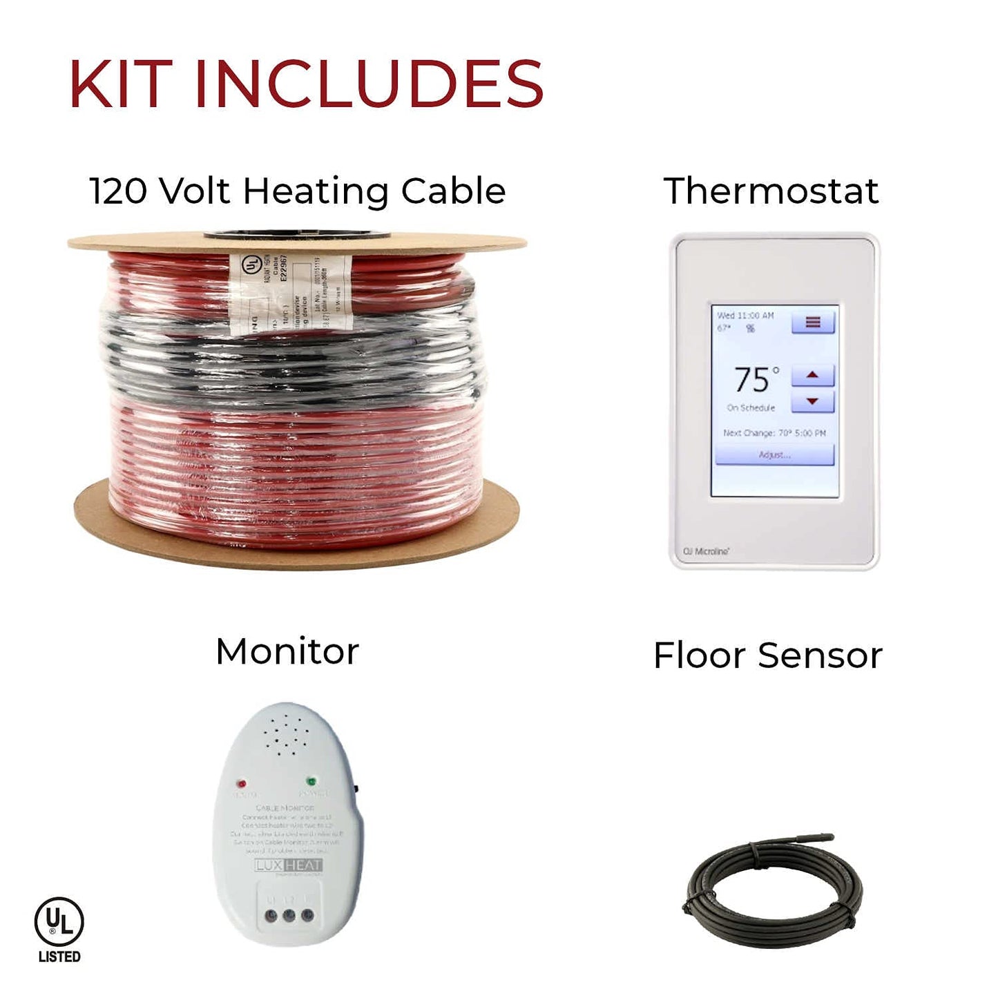 LuxHeat 100sqft Floor Heating Cable Kit - 120v Tile, Vinyl, Laminate Flooring Heating System - Heated Flooring System Includes UDG4 Programmable Thermostat w/GFCI, Heat Cable, Alarm & Floor Sensor