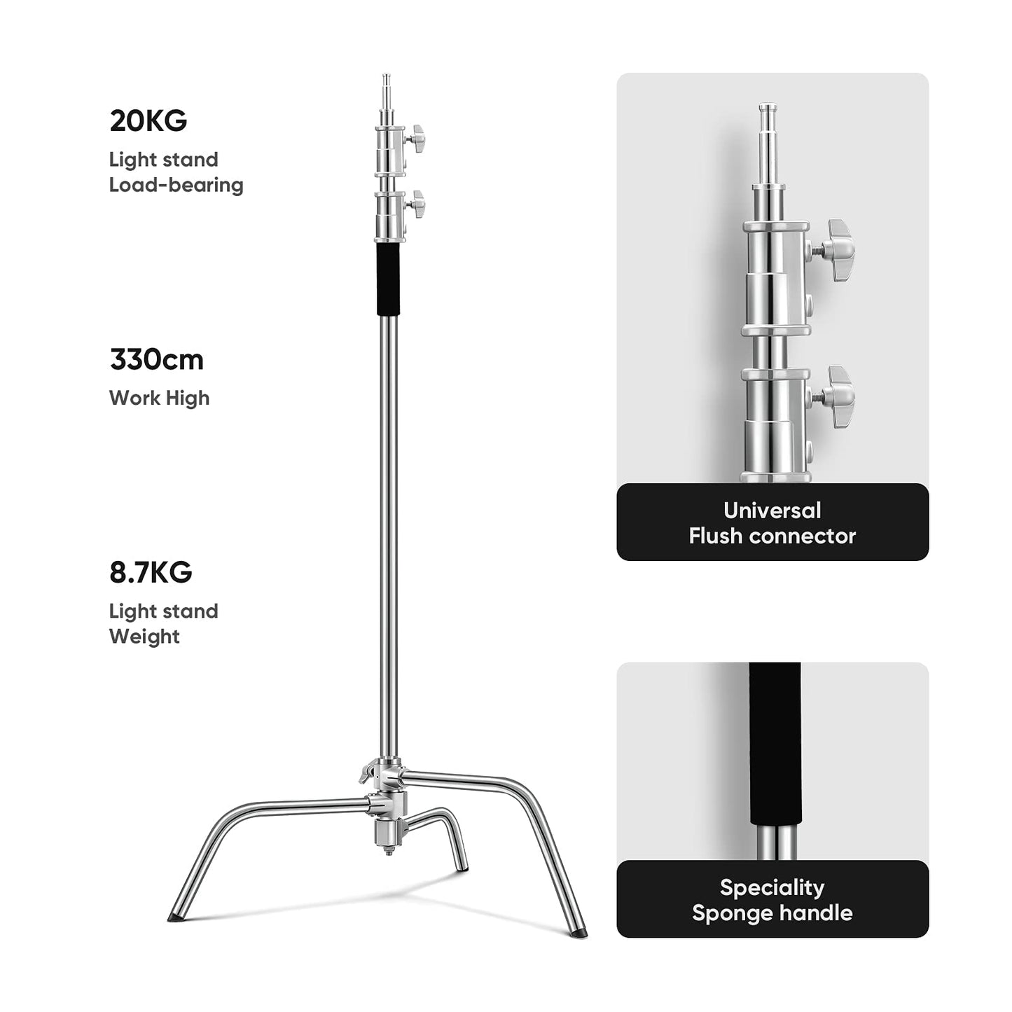 Heavy Duty C Stand 10.8ft/330cm with Boom Arm 100% Stainless Steel Photography Sturdy C-Stand with Carry Bag Sandbag 3*Clip 2*Grip Head for Photography Studio Video Monolight Softbox Shooting
