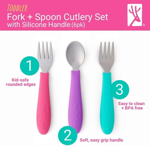 Elk and Friends Kids Silverware Set - Safe Silicone Handle Toddler Utensils | 6-Piece Stainless Steel Flatware