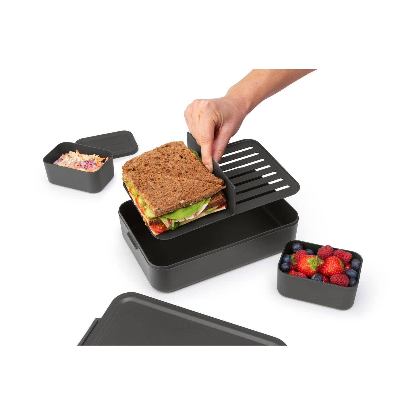 Brabantia Make & Take Bento Lunch Box (Dark Gray) 2 Compartments & Lidded Pot, Lift-Out Tray Divider, BPA-Free, Airtight Snap Locks, Microwave & Freezer Safe, Travel Meal Prep Container