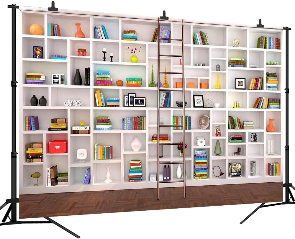 CapiSco 7x5FT White Bookshelf Photography Backdrop Bookcase Library Photography Background for Office & Home Office