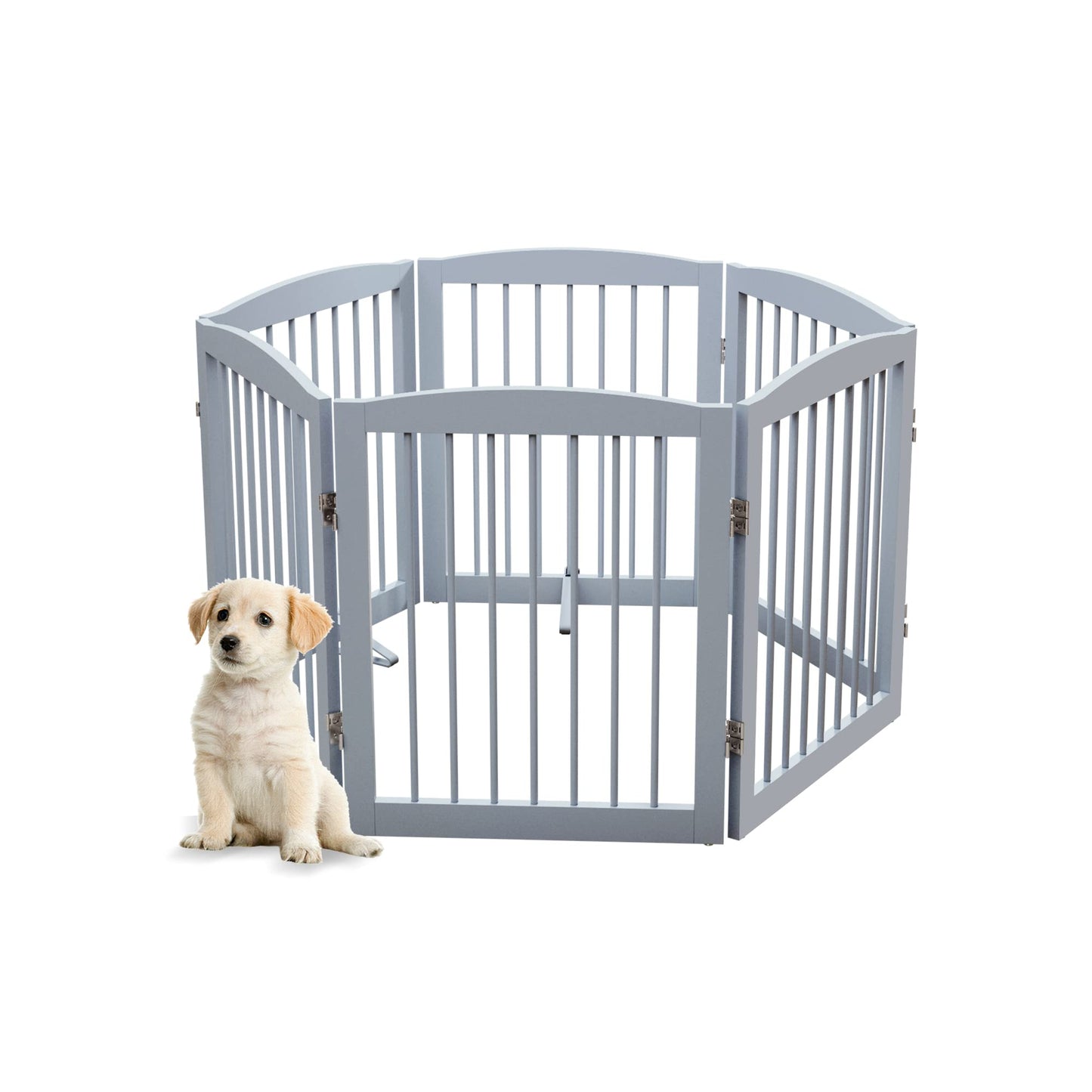 PUPETPO Freestanding Pet Gate for Dogs, Foldable Wooden Dog Gate for House, Extra Wide Indoor Pet Barrier for Stair, Doorway, Hall, Support Feet Included, 120 Inch Wide, 6 Panels 24", Grey