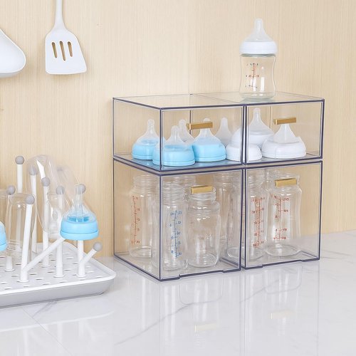 LALOBLUE Clear Stackable Drawer Organizer, 4 Pack Acrylic Storage Drawers with Pull-Out Design, Space-Saving Organizer for Bathroom, Vanity, Kitchen & Office