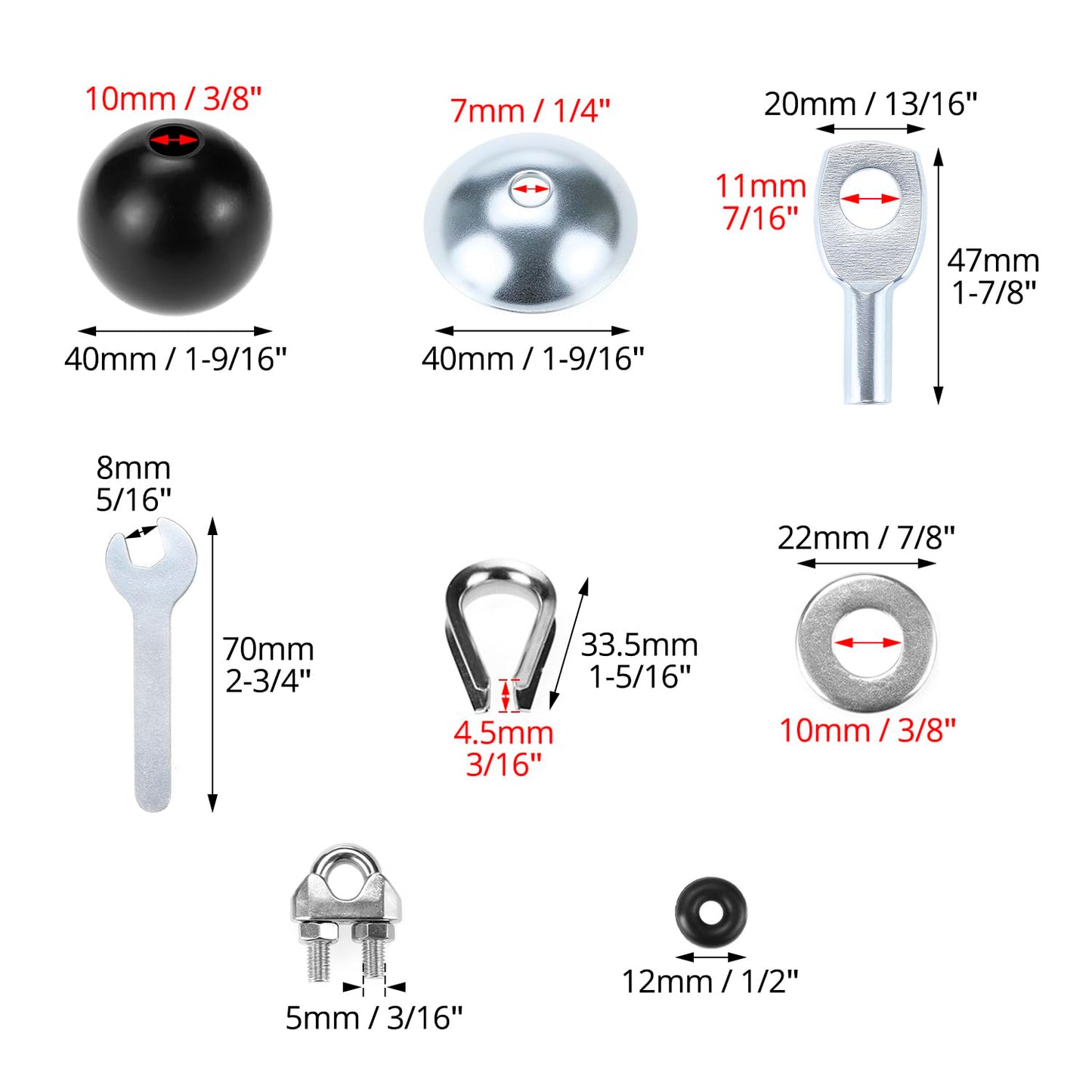 QWORK Gym Machine Cable Accessories Set - 5mm Cable Ball Stopper, Bowl-Shape Plate, Eyelet Terminal, Wire Rope Clamp, and Thimble