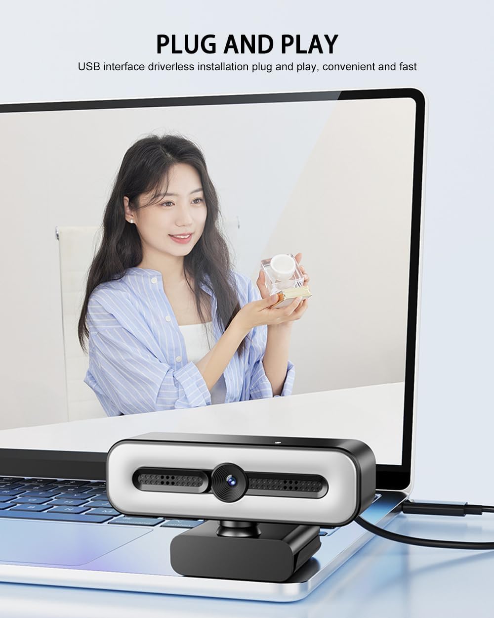 BKELHS 4K 1080P 73FOV, UHD Ring Light Webcam for PC, Web Camera with Dual AI Noise-Cancelling Mics, Auto Light