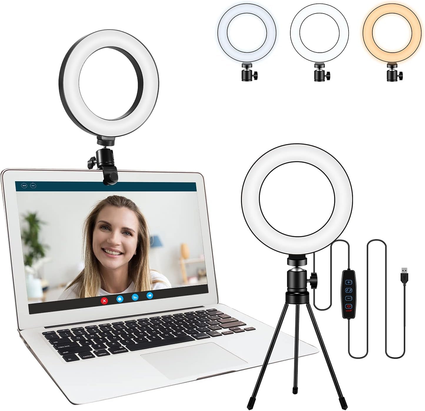 Sancheay 3 10 Dimmable Video Conference Lighting Kit, LED Ring Light for Webcam Lighting, Light Modes & Brightness