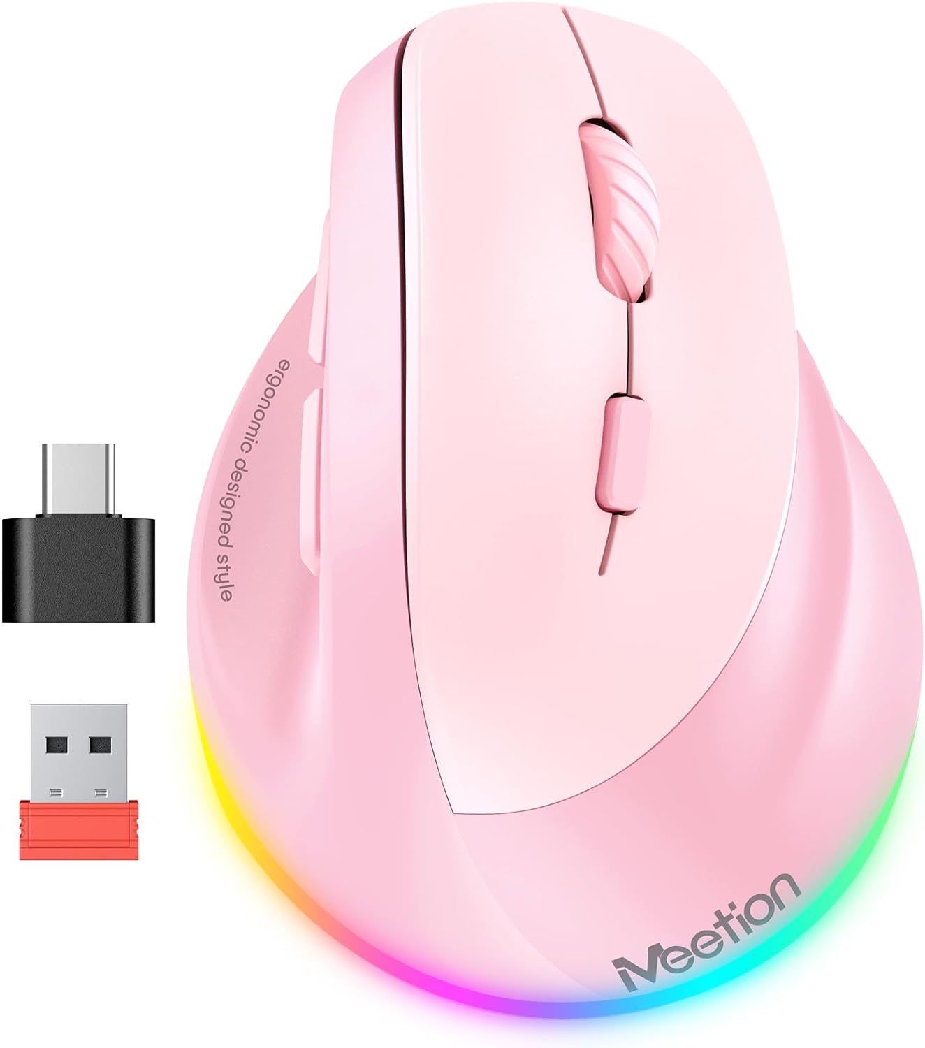 MEETION Bluetooth(5.2 3.0) 4 Ergonomic Mouse Wireless, Vertical Mouse RGB Backlit, Rechargeable Mice for + USB-A