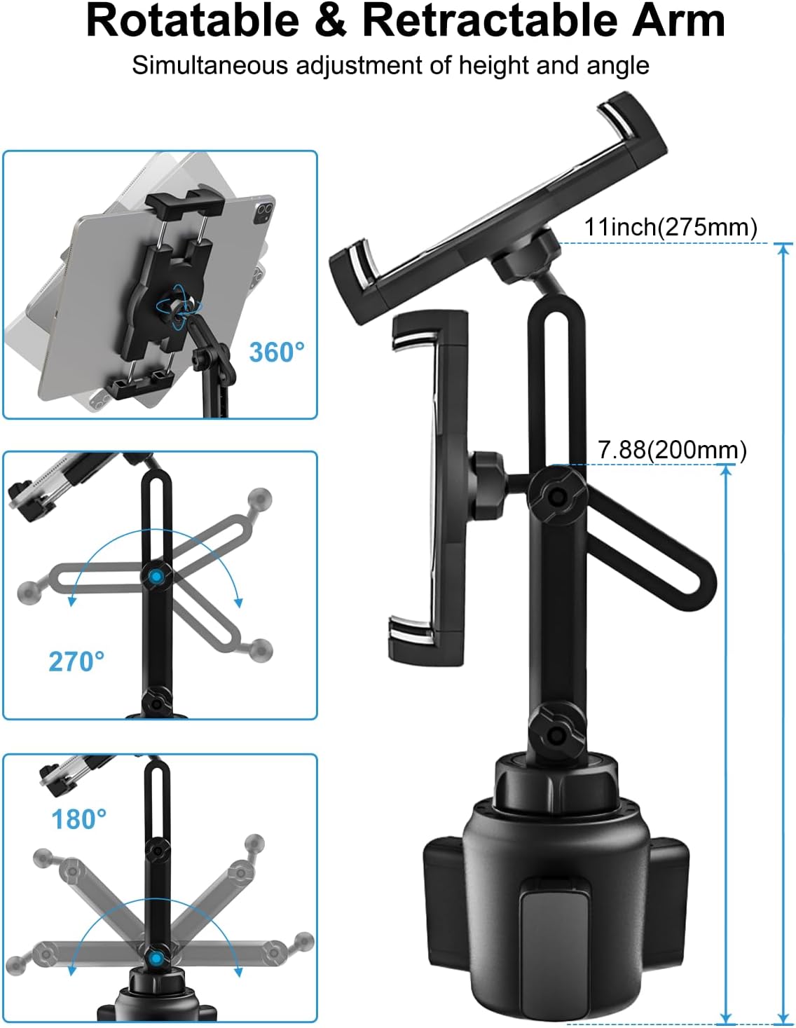 woleyi 360 4-13" Cup Holder Car Tablet Mount, iPad Mount Holder for Car/Truck, Rotation Adjustable Universal Tablet