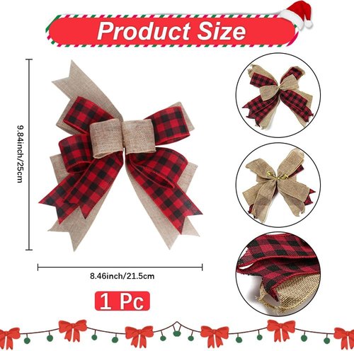 CREATCABIN Christmas Plaid Bow - 9.8 x 8.5 Inch Burlap Ornament for Wreaths, Garlands & Holiday Decor