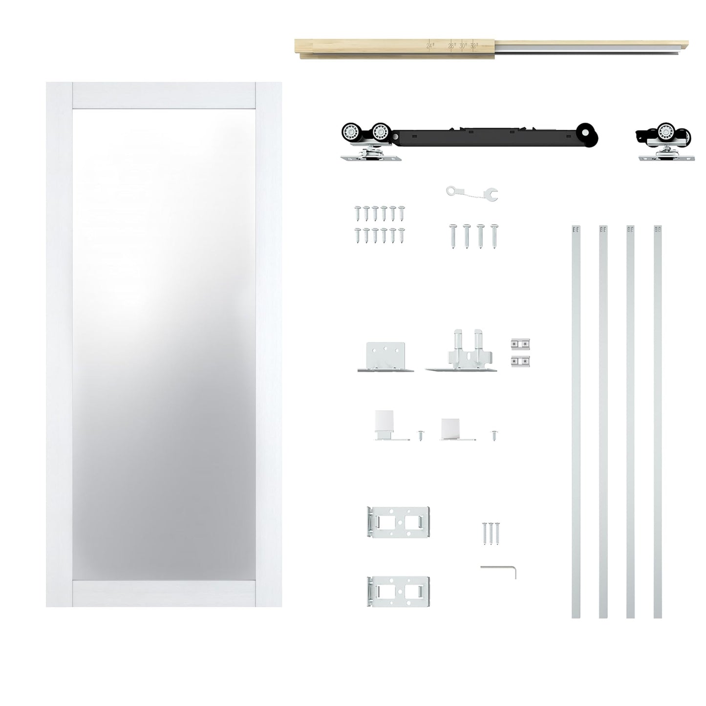 JUBEST Pocket Door 30"x80", 1-Panel Mirrored Sliding Pocket Door with Soft Close Hardware Kit, Sturdy Solid Wood & MDF with Water-Proof PVC Surface, No Assembly Required, White