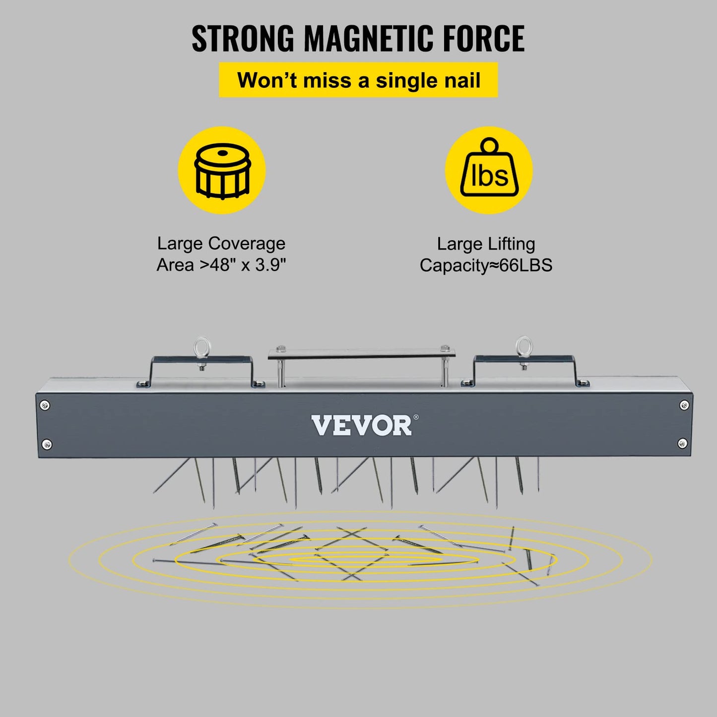VEVOR 48 inches Hanging Magnet Magnetic Sweeper Pickup Tool 67 Lbs Nail Magnet Hang Type Magnet Sweeper Magnetic Nail Sweeper Magnetic Sweepers fits Forklift