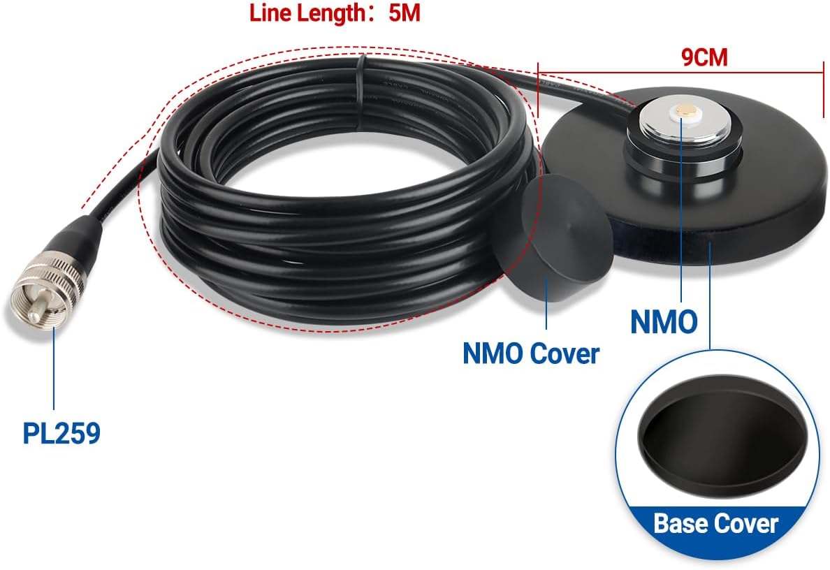 Arridioter 90mm PL259 16.4FT/5 NMO Antenna Mount Magnetic Base with Male Connector, Meters Coaxial Cable, Dust Cover