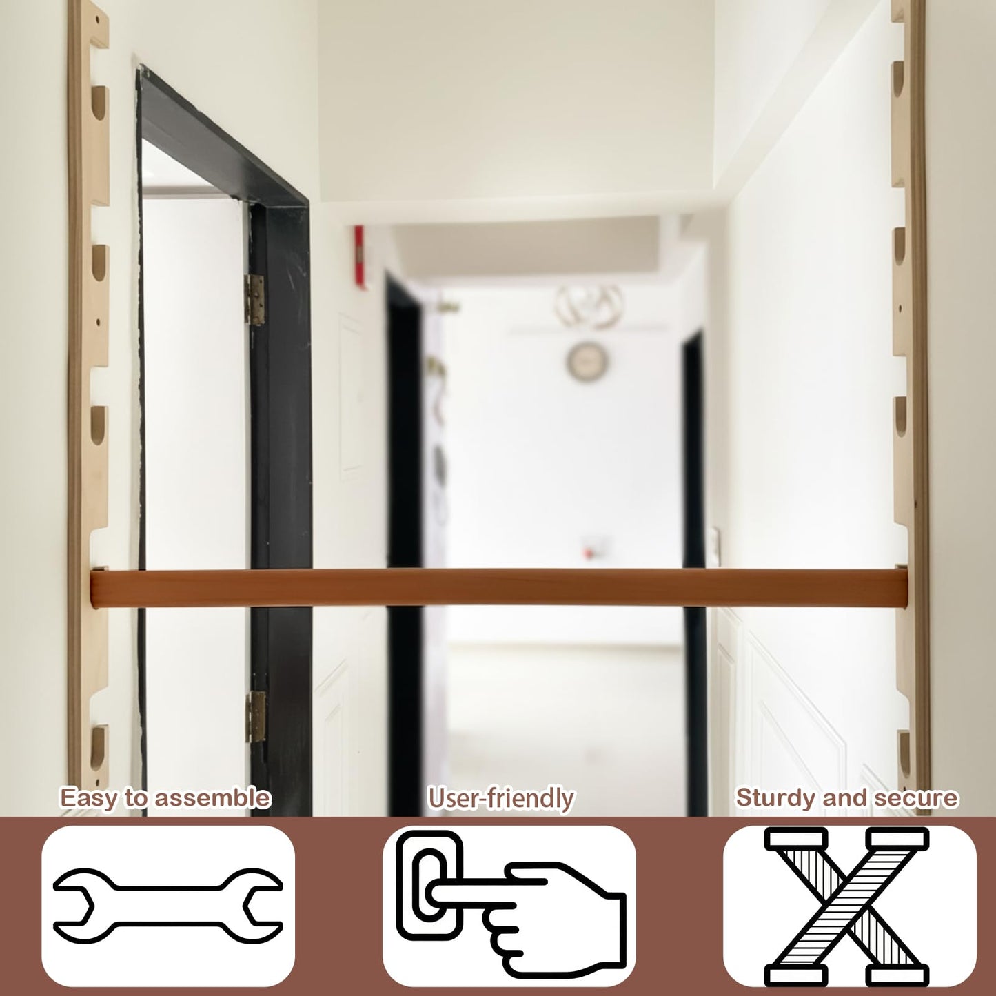 Leinuosen Doorway Pull-up Bar Sets Adjustable 5 Levels Wooden Doorway Pull-up Bar and 2 Door Frame with 6 Sets of Screw-in Heavy-duty Door-mounts to Fits 118cm(100kg Load Capacity)