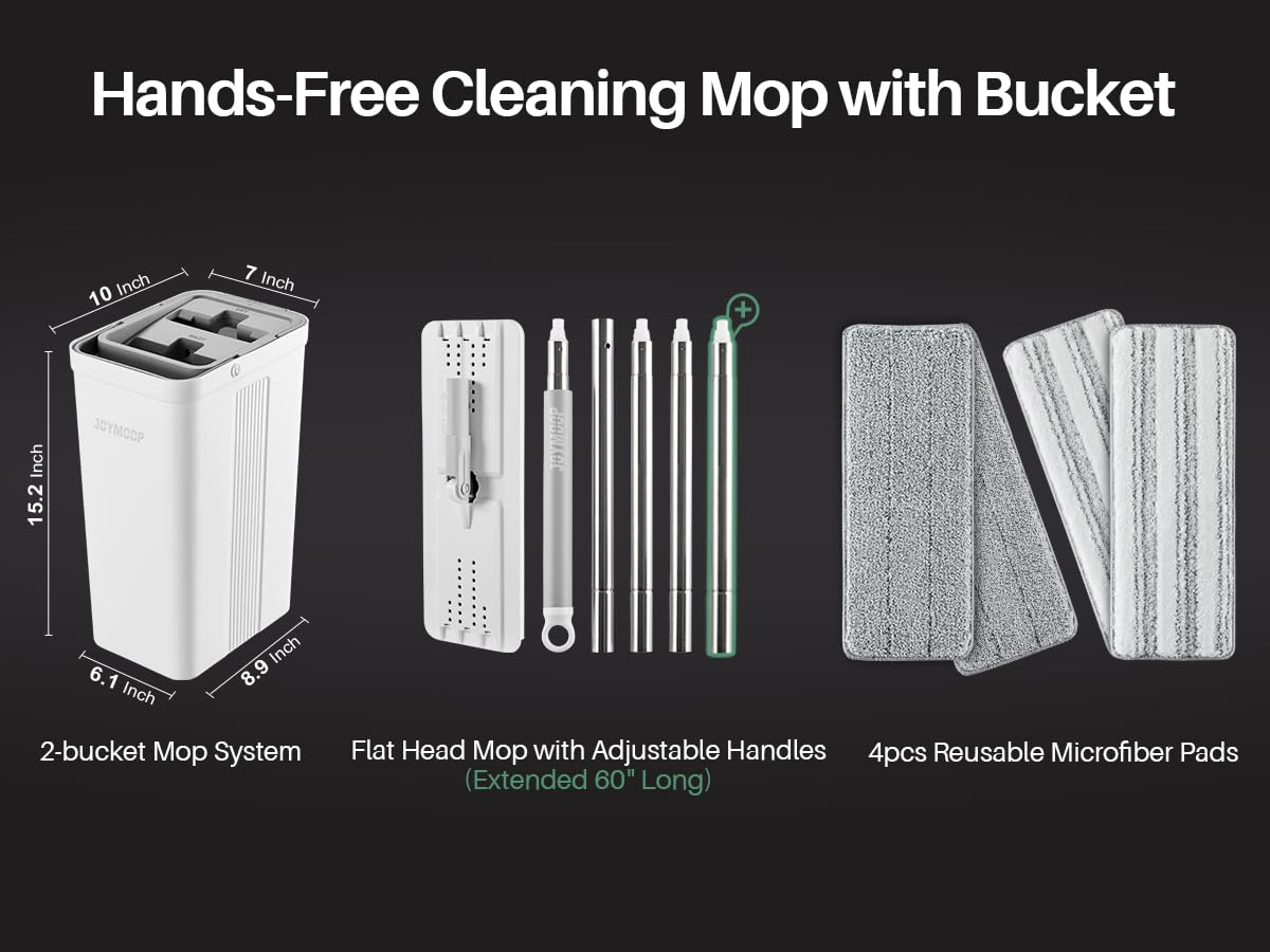 JOYMOOP Mop and Bucket Set, Flat Mops for Floor & Wall Cleaning, Commercial & Household Use, Hardwood Floor Mop with Long Handle & 4 Microfiber Pads