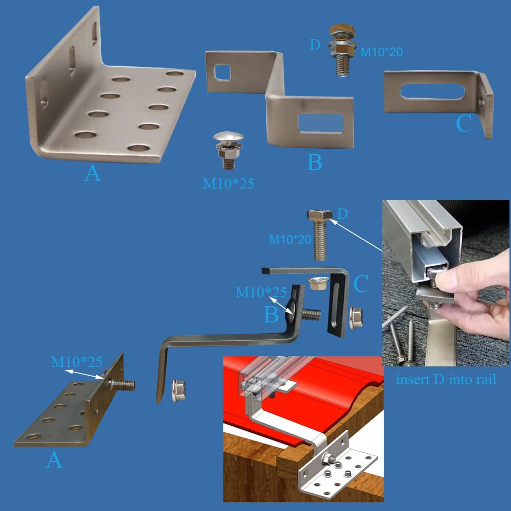 Solar Panel Mounting Bracket Kit to Metal Roof Sloped or Flat Pitched Tile Shingle Roofs for 1-4pcs Solar Panels Dual Adjustable