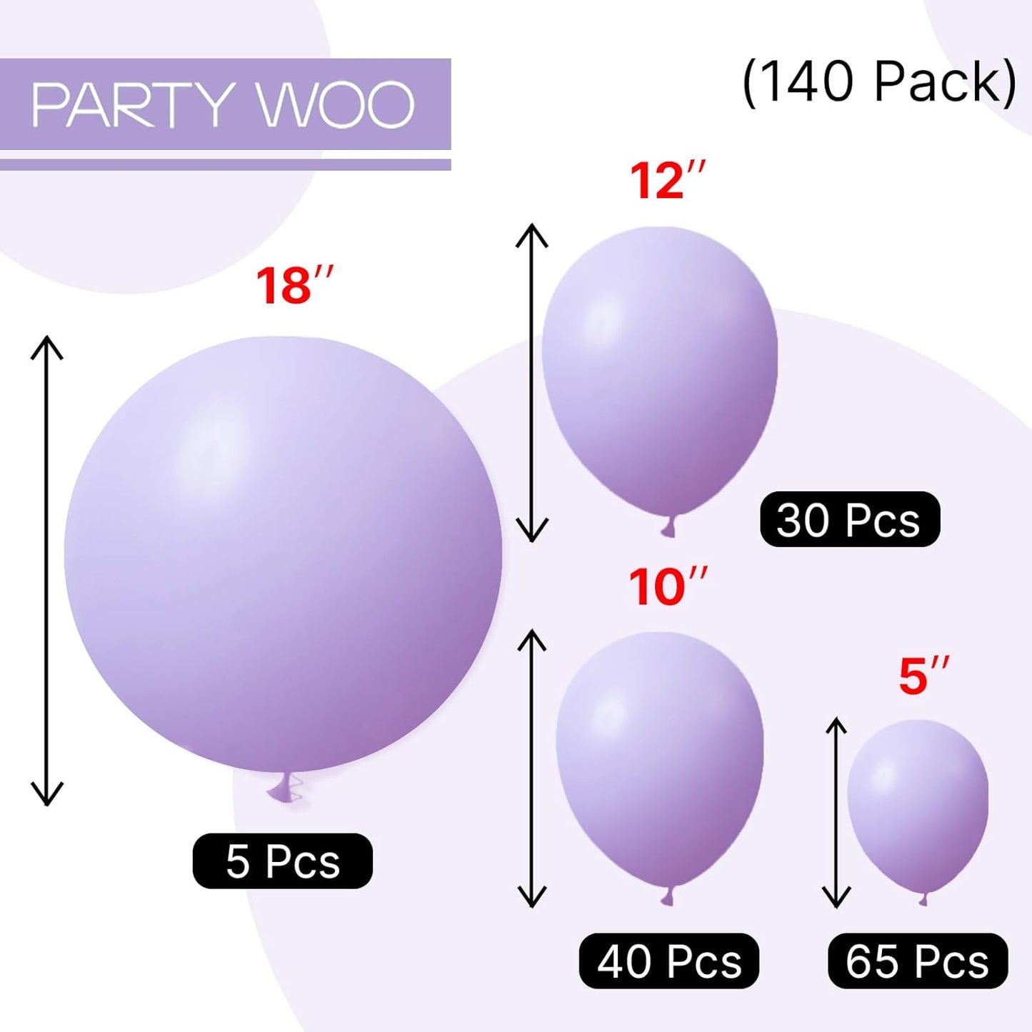 PartyWoo Lavender Balloons - 140-Piece Pastel Purple Balloon Arch Kit for Baby Showers & Parties