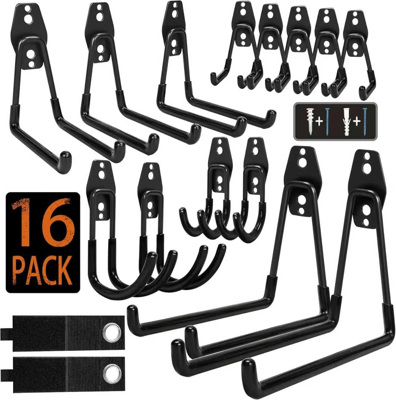 KOFANI Steel Garage Storage Hooks - 16 Pack Anti-Slip Coating, Heavy Duty Wall Mount Hooks for Hanging Bike, Ladder, Garden Tools