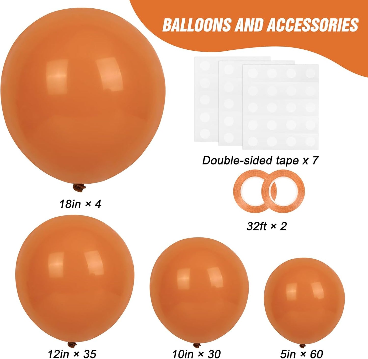 RUBFAC Burnt Orange Balloons - 129-Piece Latex Garland Kit | Various Sizes for Fall Celebrations