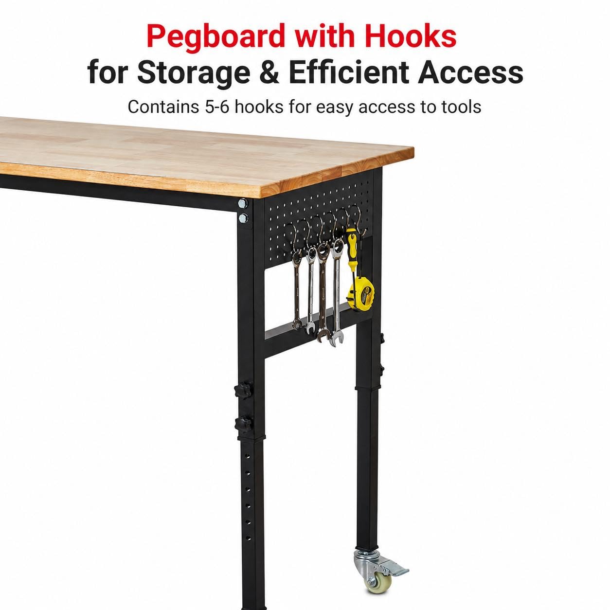48" Height Adjustable Workbench, 2000 LBS Load Capacity Rubber Wood Top, Heavy Duty Workstation with Wheels, Hardwood Work Table for Garage Workshop Home Repair