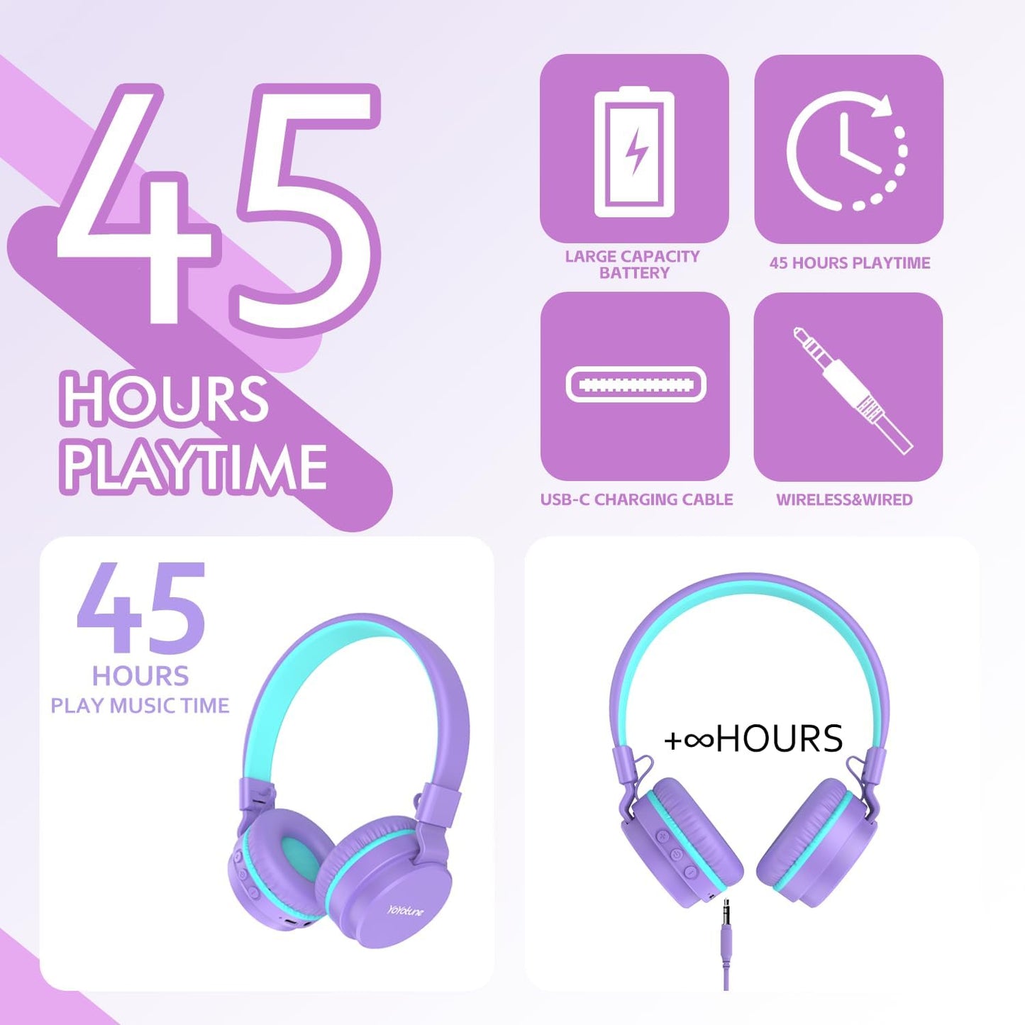 YOYOTUNE Wireless,85/94dB Volume,40H 5.3,Over Kids Bluetooth Headphones,Lightweight Kids Headphones Safe Playtime,Fast