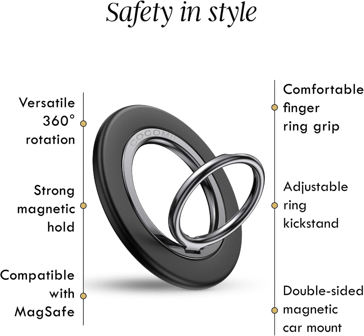 COCOMII 360 Magnetic Phone Ring Holder for MagSafe, Rotation Finger Grip Stand, Matte Black
