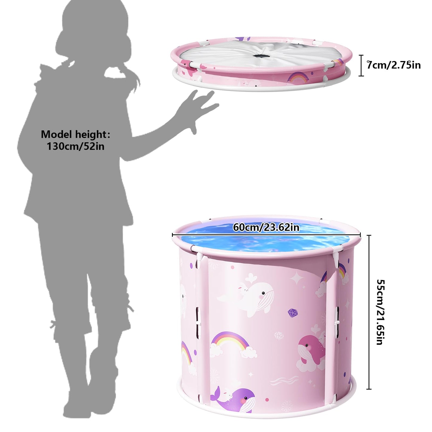 Portable Bathtub, Foldable Bathtub for Kids, Boys and Girls, Therapy Tub for Shower Stall Bathroom Fold Up Japanese Soaking Hot SPA Bath Tub, Outside Ice Bath 21.65''x23.62''(Ocean World Pink)